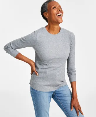 Style & Co Petite Waffle-Knit Long-Sleeve Crewneck Top, Created for Macy's
