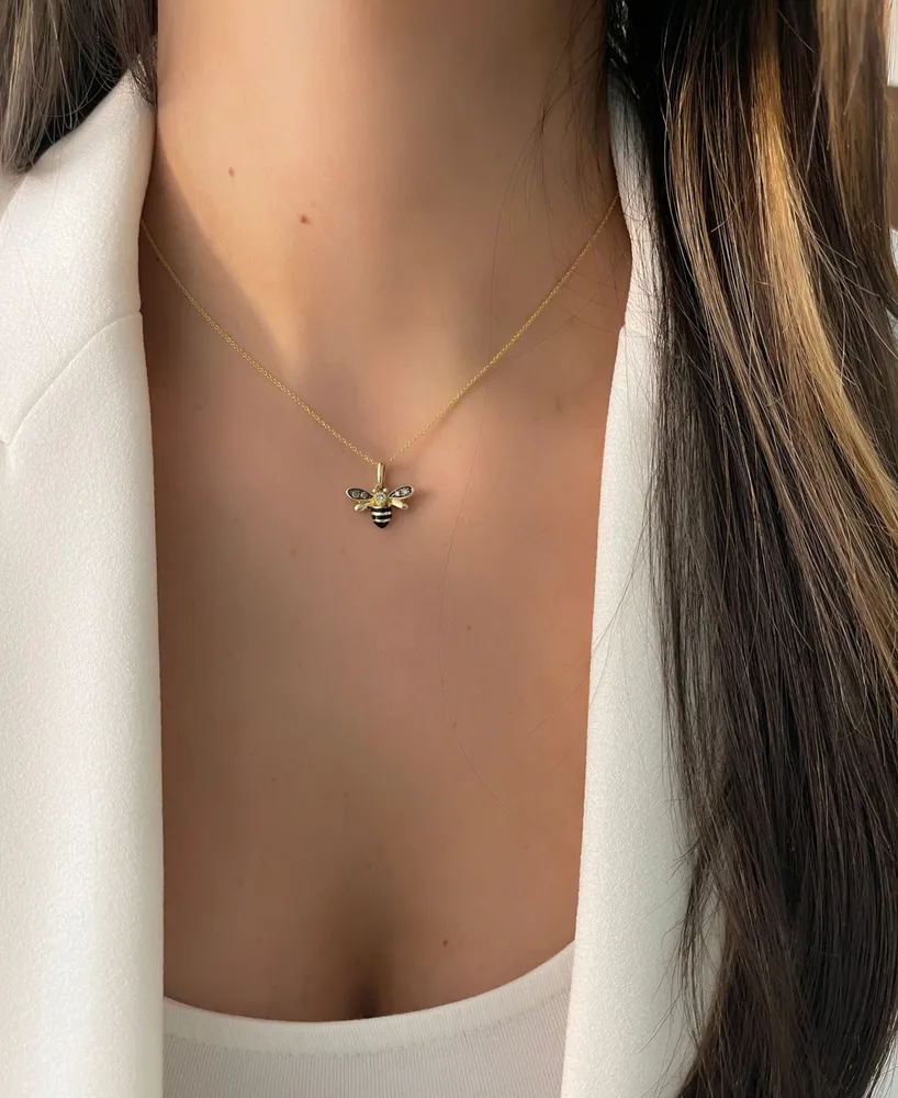 Le Vian Diamond (1/8 ct. t.w.) & Black Enamel Bee 18" Pendant Necklace in 14k Gold