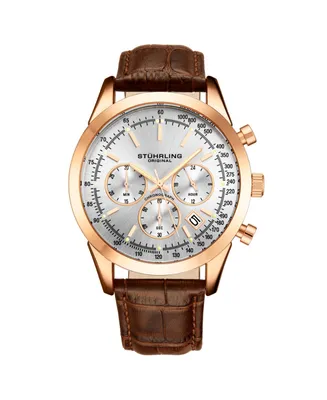 Stuhrling Men's Monaco Brown Leather , Silver-Tone Dial , 44mm Round Watch