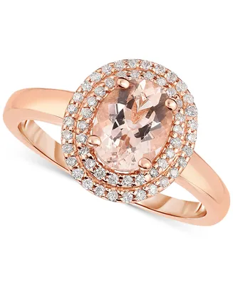 Morganite (1 ct. t.w.) & Diamond (1/5 ct. t.w.) Double Halo Ring in 14k Rose Gold