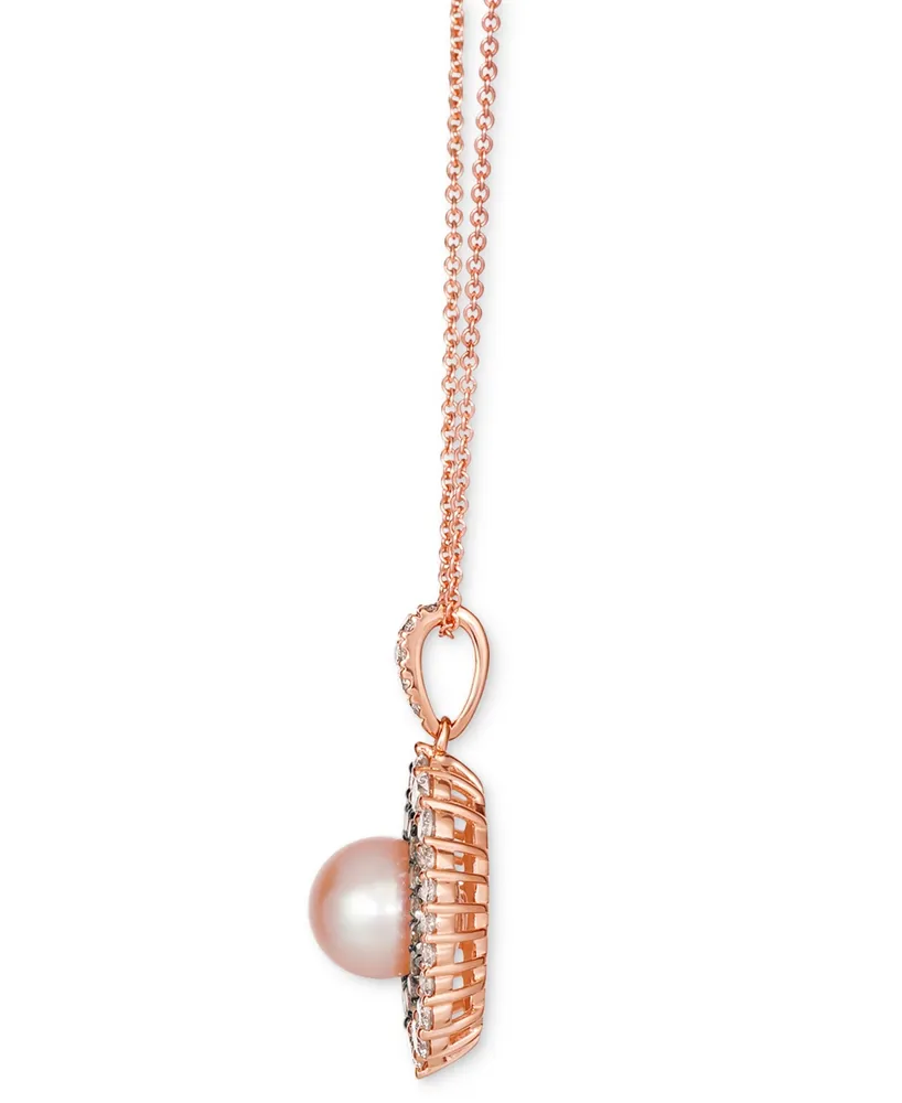 Le Vian Strawberry Pearl (7mm) & Diamond (7/8 ct. t.w.) Double Halo 18" Pendant Necklace in 14k Rose Gold
