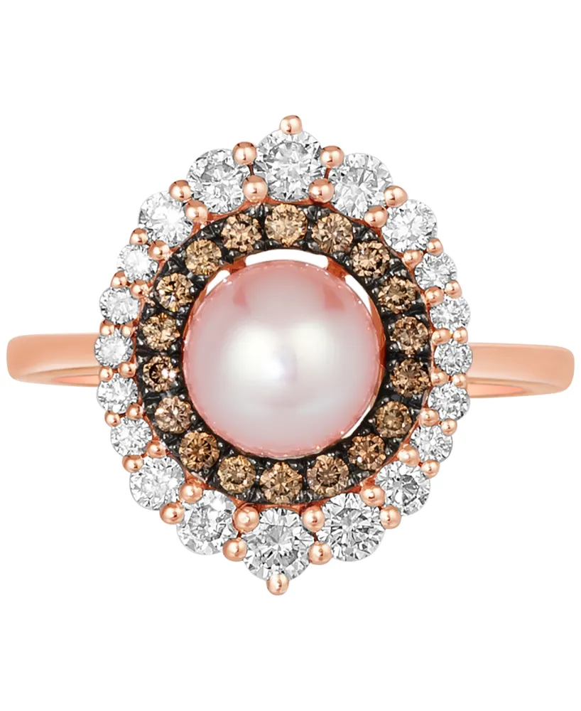 Le Vian Strawberry Pearl (7mm) & Diamond (3/4 ct. t.w.) Double Halo Ring in 14k Rose Gold