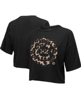 Women's Majestic Threads Black Chicago Cubs Leopard Cropped T-shirt