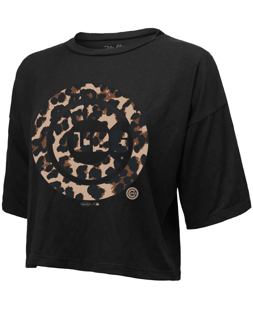 Women's Majestic Threads Black Chicago Cubs Leopard Cropped T-shirt