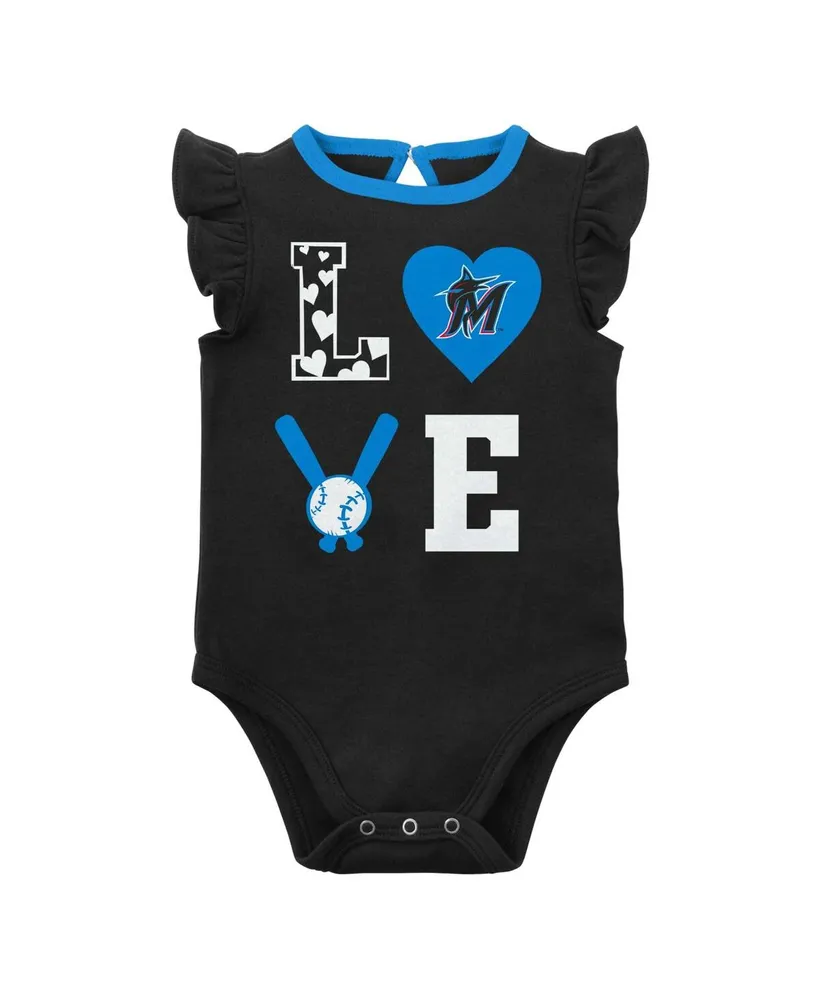 Newborn and Infant Boys and Girls Black, Blue Miami Marlins Three-Piece Love of Baseball Bib, Bodysuit and Booties Set
