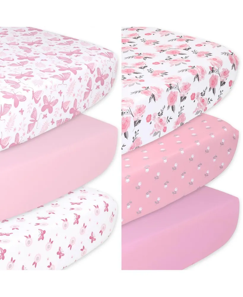 The Peanutshell Pink Butterfly, Rose and Floral Fitted Crib Sheets for Girls, 6-Pack Set, Pink - Assorted Pre