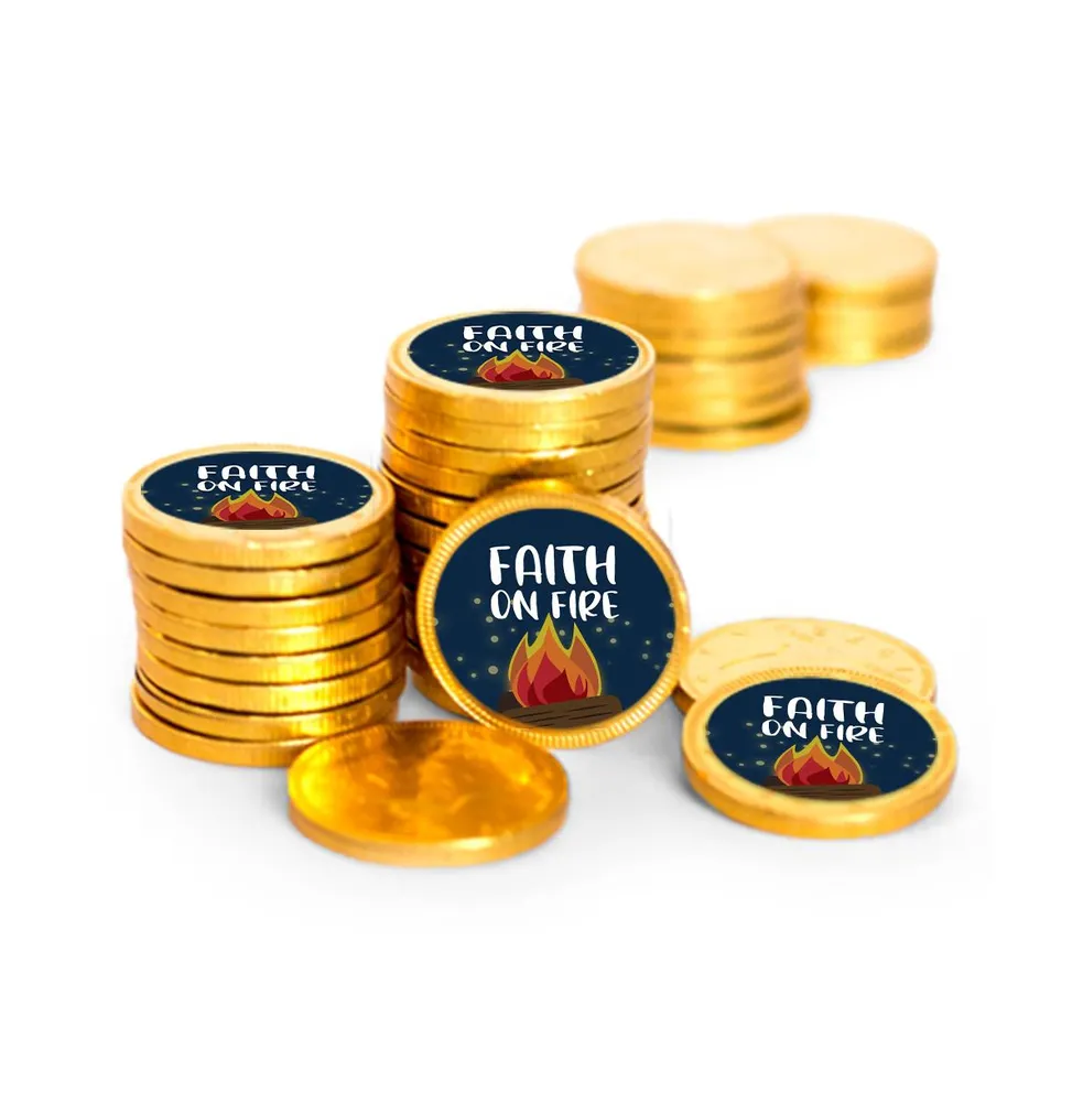 84ct Vacation Bible School Candy Religious Party Favors Chocolate Coins Faith on Fire (84 Count) - Gold Foil - By Just Candy
