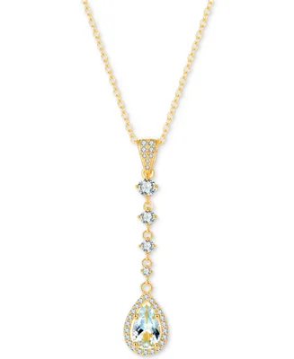 Aquamarine (1 ct. t.w.) & White Topaz (3/8 ct. t.w.) Pear Halo Drop Pendant Necklace in Gold-Plated Sterling Silver, 16" + 2" extender
