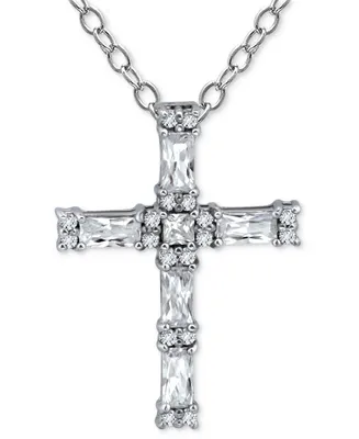 Giani Bernini Cubic Zirconia Baguette & Round Cross Pendant Necklace, 16" + 2" extender, Created for Macy's