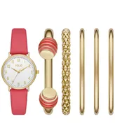 Folio Women's Three Hand Gold-Tone 32mm Watch and Bracelet Gift Set, 6 Pieces