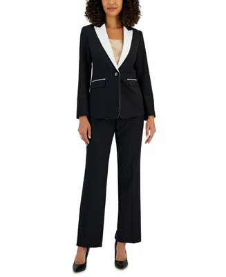Le Suit Women's Crepe Contrast-Collar Jacket & Kate Straight-Leg Pants