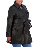 Tahari Womens Plus Natalie Belted Leather Trench Coat