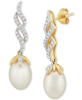 Honora Cultured Freshwater Pearl (7 - 7 1/2mm) & Diamond (1/5 ct. t.w.) Twist Drop Earrings in 10k Gold