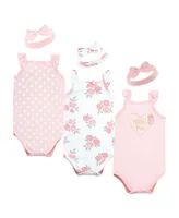 Hudson Baby Girls Sleeveless Bodysuit and Headband Set, Soft Pink Roses, 6-Piece