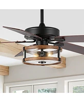 Joanna 52" 2-Light Rustic Industrial Iron, Wood, Seeded Glass Mobile-App, Remote-Controlled Led Ceiling Fan