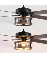 Joanna 52" 2-Light Rustic Industrial Iron, Wood, Seeded Glass Mobile-App, Remote-Controlled Led Ceiling Fan