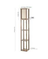 Etagere 63.5" Rustic Bohemian Wooden Led 3-Shelf Floor Lamp with Pull-Chain, Usb Charging Port and Smart Bulb