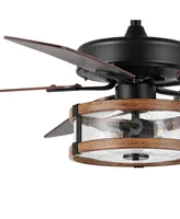 Joanna 52" 2-Light Rustic Industrial Iron, Wood, Seeded Glass Mobile-App, Remote-Controlled Led Ceiling Fan