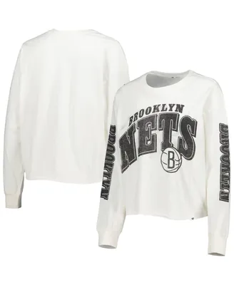Women's '47 Brand Cream Brooklyn Nets Parkway Brush Back Long Sleeve Cropped T-shirt