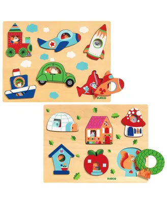 Djeco Things-That-Go & Animal Homes Colorful Wooden Puzzles - Set of 2 Puzzles