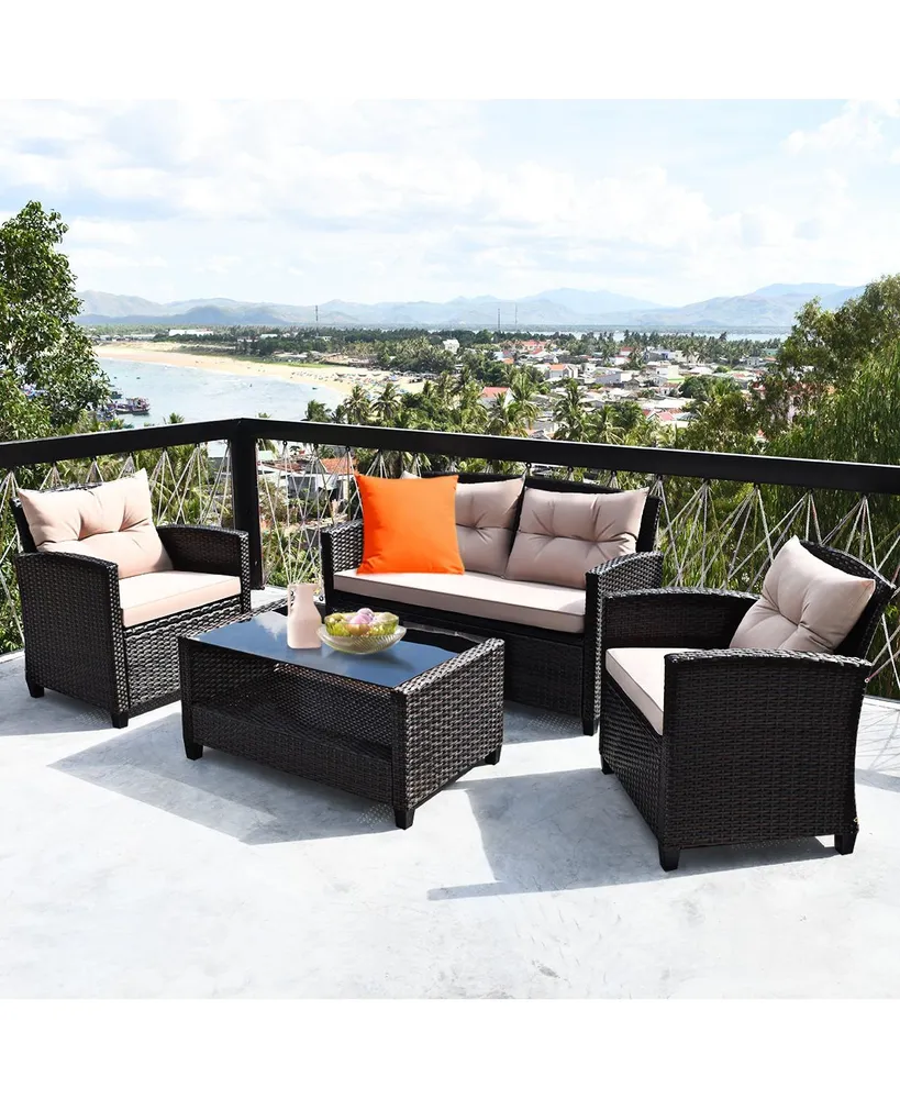 4PCS Outdoor Rattan Furniture Set Cushioned Sofa Armrest Table