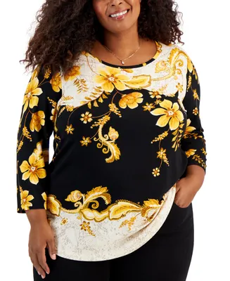Jm Collection Plus Printed 3/4-Sleeve Top, Created for Macy's