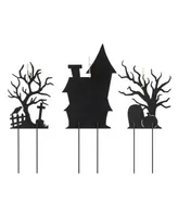 Glitzhome 24" H Halloween Metal Haunted House and Ghost Tree Yard Stake Decor, Set of 3