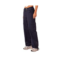 Women's Drill Cargo Pants With Big Pockets, Separate Belt, Woven Tape Detail And Zippers In The Hem