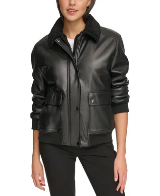 Calvin Klein Women's Faux-Fur-Collar Faux-Leather Bomber Coat