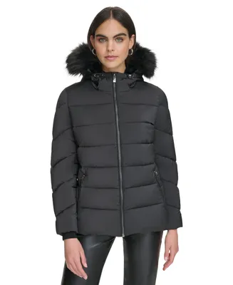 Calvin Klein Women's Stretch Faux-Fur-Trim Hooded Puffer Coat