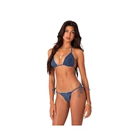 Edikted Women's Denim Bikini With Distressed Neckline Top