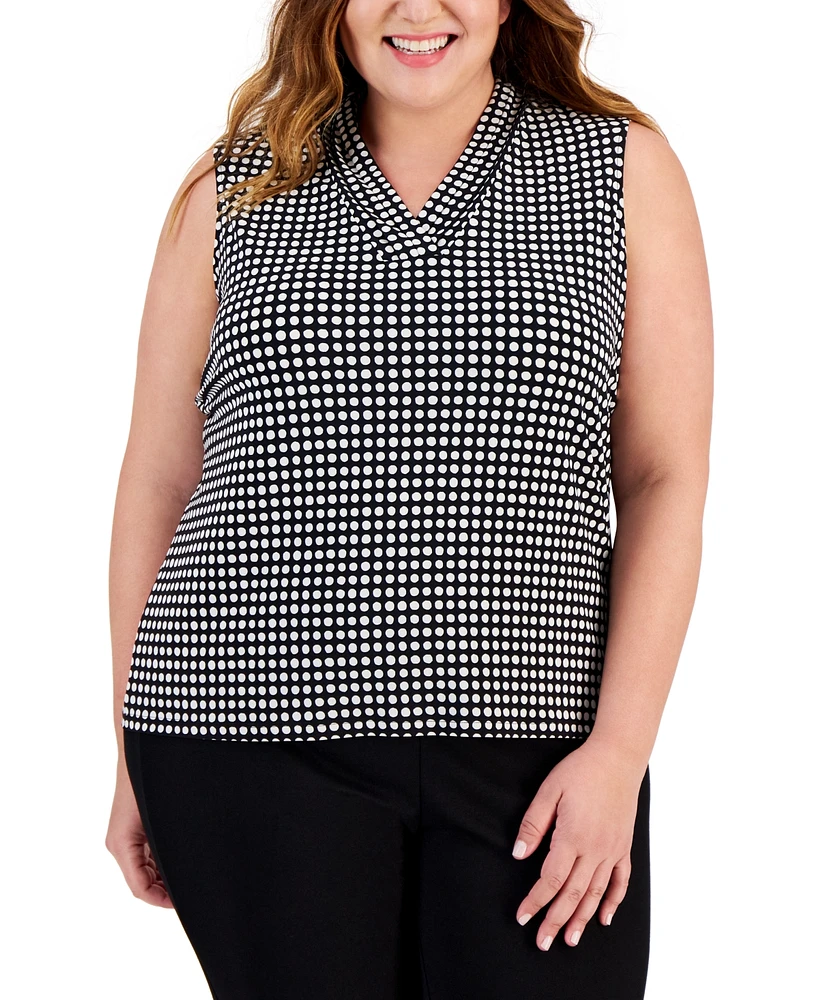Anne Klein Plus Printed Triple-Pleat V-Neck Top