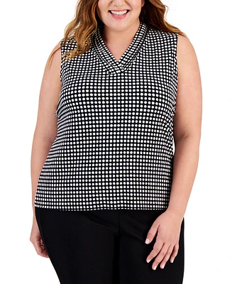 Anne Klein Plus Printed Triple-Pleat V-Neck Top