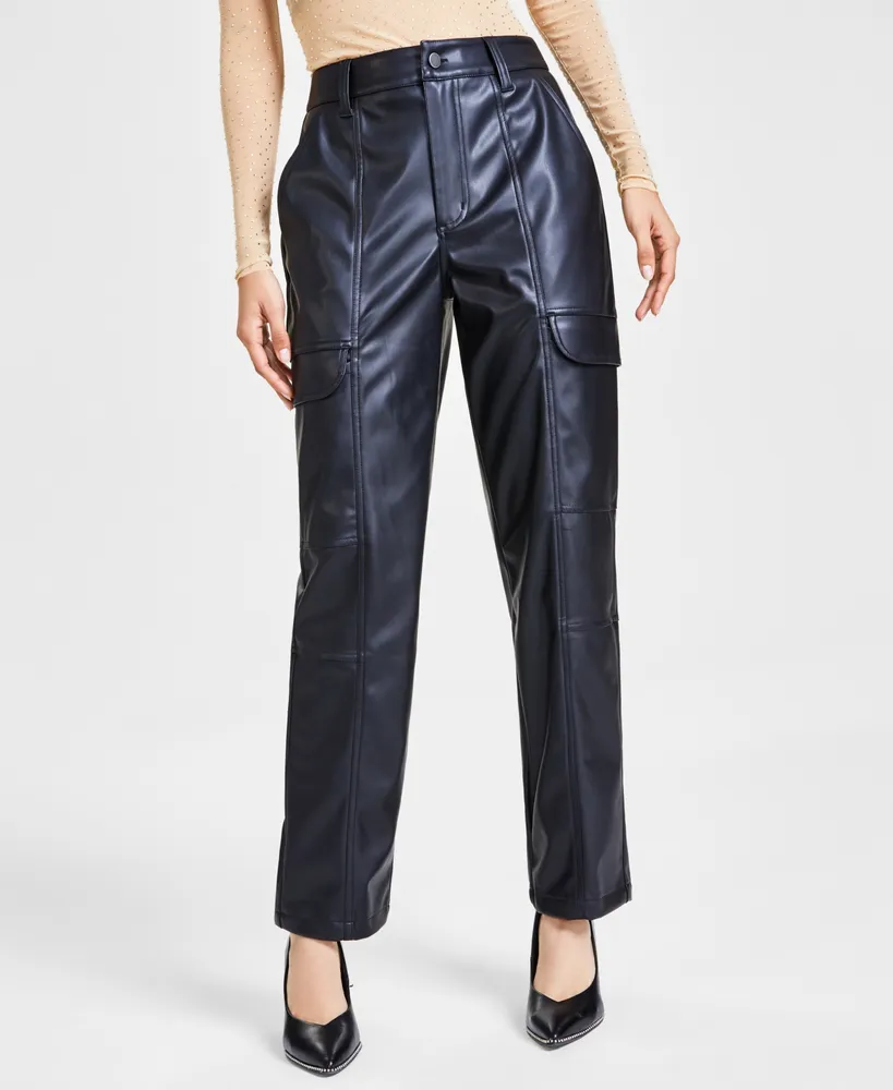 Black Faux Leather Cargo Pants