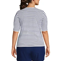 Lands' End Plus Crew Neck Elbow Sleeve Rash Guard Upf 50 Sun Protection Modest Swim Tee Print