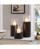 Danya B Contemporary 3-Piece Candle Holder Set with Clear Glass Hurricanes and Textured Metal Base