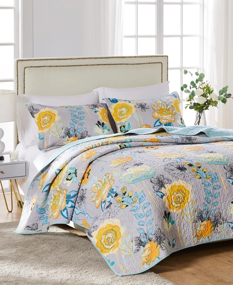 Linery Blue Watercolor Florals Reversible Quilt Set