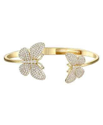 Rachel Glauber 14k Gold Plated with Cubic Zirconia French Pave Butterfly Open Cuff Bangle Bracelet