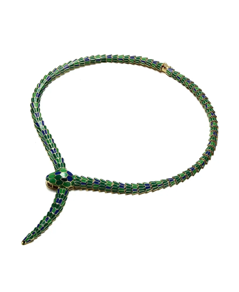 Rachel Glauber Enchanting Emerald Cubic Zirconia Snake Collar Necklace in 14k Yellow Gold Plating with Blue & Green Enamel