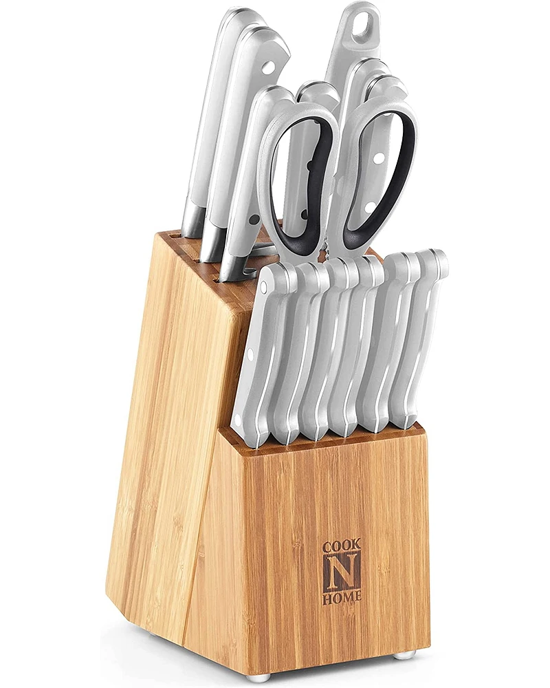 Cook N Home Kitchen Knife Set with Bamboo Storage Block 15-Piece, High Carbon Stainless Steel Blade, White