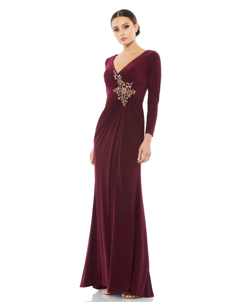 Women's Faux Wrap Long Sleeve Gown w/ Applique Detail