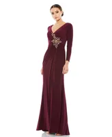 Women's Faux Wrap Long Sleeve Gown w/ Applique Detail