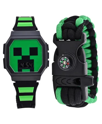 Accutime Kids Unisex Minecraft Creeper Green and Black Silicone Watch 36mm Set