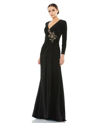 Women's Faux Wrap Long Sleeve Gown w/ Applique Detail