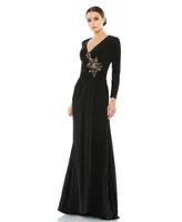Mac Duggal Women's Faux Wrap Long Sleeve Gown w/ Applique Detail