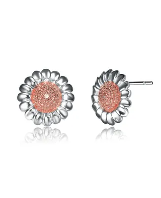 Genevive Sterling Silver Cubic Zirconia Two Tone Sunflower Earrings