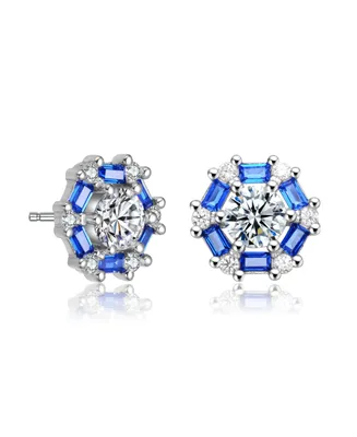 Genevive Sterling Silver With Round Baguette Cubic Zirconia Stud Earrings