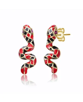 Rachel Glauber 14k Yellow Gold Plated with Ruby Cubic Zirconia Black & Red Enamel 3D Slithering Curling Snake Earrings