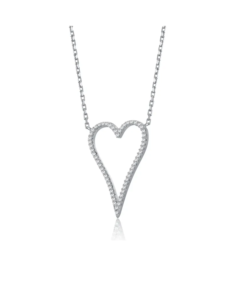 Rachel Glauber White Gold Plated with Cubic Zirconia Elongated Open Heart Halo Pendant Necklace