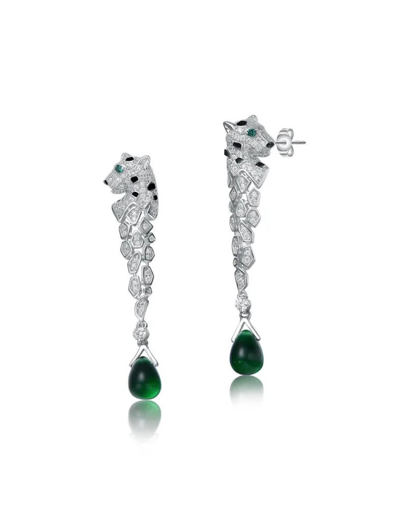 Genevive Sterling Silver White Gold Plated with Emerald and Clear Cubic Zirconia Fauna Drop Earrings